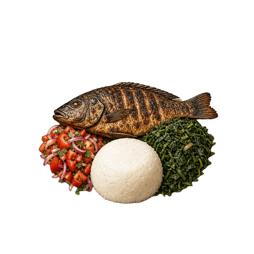 A plate of tilapia, kachumbari, sukuma wiki and ugali — the Kienyeji brand