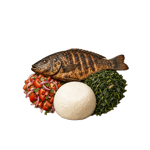 A plate of tilapia, kachumbari, sukuma wiki and ugali — the Kienyeji brand